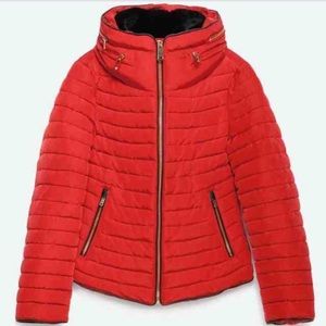 Zara Red Puffer Coat Parka with Hidden Hoodie